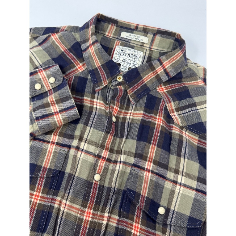 Lucky Brand Pearl Snap Men's Size XL Flannel Shirt Plaid Blue Western Cowboy L5